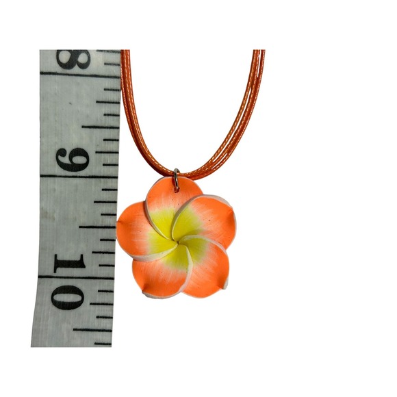 Jewelry - Orange Plumeria Flower Pendant Necklace Tropical Frangipani Multi Strand Cord